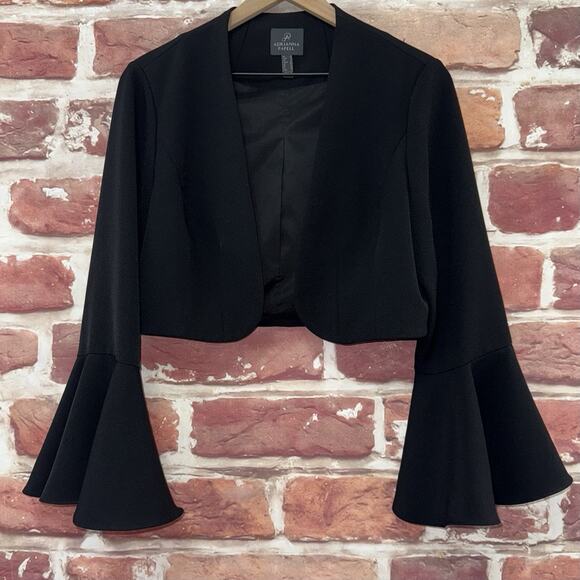 Adrianna Papell Blazer Jacket Women's 14 Plain Black Cropped Bell Sleeves - Picture 2 of 11